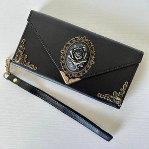 Black Faux Leather Phone Case with Antiqued Rose Appliques